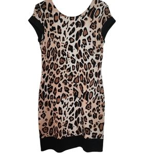 CACHE Silk blend animal print black tan knit dress Bodycon SZ 12
